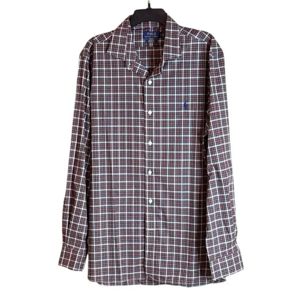 POLO RALPH LAUREN Mens Custom Fit Purepress Long Sleeve Plaid Shirt Size 17/43